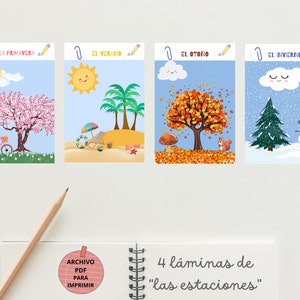 Pack de 4 láminas educativas en español de las estaciones del año: primavera, verano, otoño e invierno. Fichas didácticas en A3 y A4.