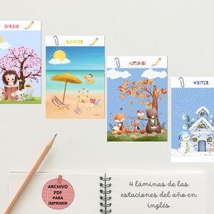 Set de 4 láminas en inglés de las estaciones del año, carteles educativos para imprimir, primavera, verano, otoño e invierno en A4 y A3.