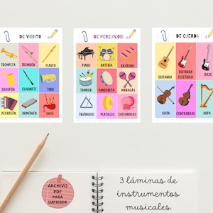 Confezione da 3 fogli didattici di strumenti musicali in spagnolo, fogli di apprendimento educativo per bambini, vocabolario per bambini A3 e A4