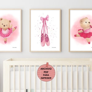 Set de 3 láminas decorativas para niña, póster de dos ositos en rosa ballet, decoración para la habitación infantil, arte imprimible en A3.