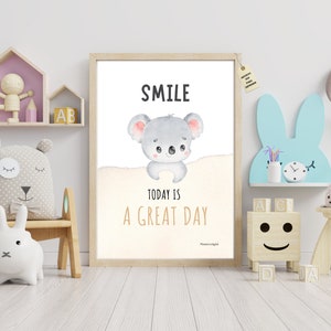 Sonríe hoy es un gran día, decoración con frases positivas en inglés, cuadro para niños, palabras motivadoras, póster infantil en A4 y A3.