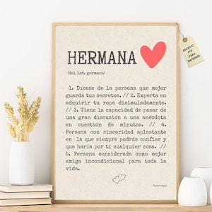 Definición hermana, significado de hermana en español, regalo para hermanas, cumpleaños de hermana, lámina para imprimir, regalos originales