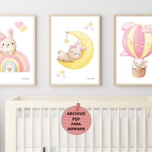 Set de 3 láminas decorativas infantiles para bebé, póster para decorar la habitación de las niñas, ilustraciones de 3 conejitos rosa en A3.