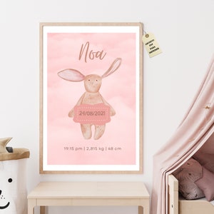 Personalisierter Geburtsdruck für Baby, Geburt als Geschenk für frischgebackene Eltern, Geschenk für Neugeborene, Hasenposter zum Dekorieren