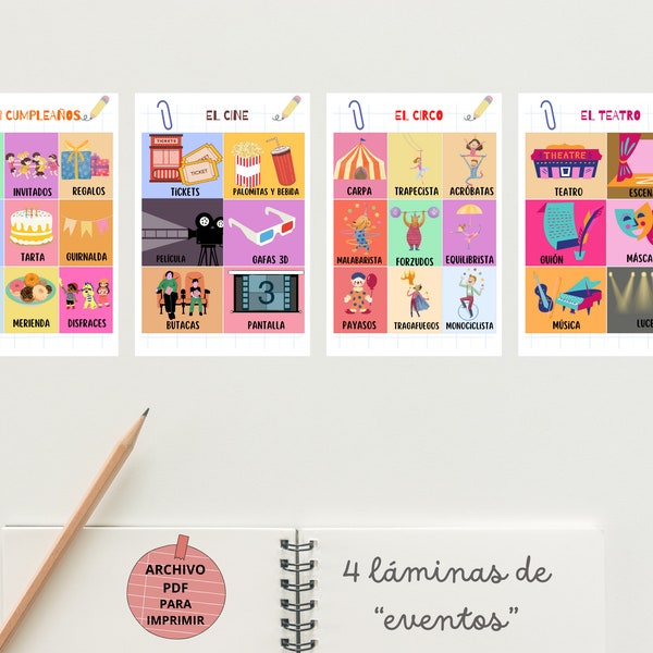 Pack de 4 láminas educativas en español de eventos: cumpleaños, circo, cine y teatro. Fichas didácticas de aprendizaje para niños en A3 y A4