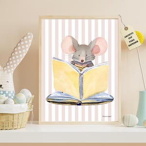 Arte de pared PARA IMPRIMIR, decoración infantil, arte en acuarela de ratoncito, pintura digital imprimible en dos tamaños, arte para niños.