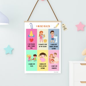 Lámina educativa "normas de mi casa" en inglés, vocabulario en inglés, cartel de aprendizaje para niños, educación infantil en A4 y A3.