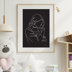 Arte lineal en negro, arte de pared de boceto de mamá y bebé, decoración del hogar, dibujo de línea minimalista para imprimir en A4 y A3.