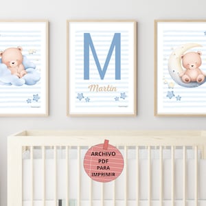 Set de 3 láminas personalizadas decorativas para bebé, póster para decorar habitación de los niños, ilustraciones de 2 ositos + nombre en A3