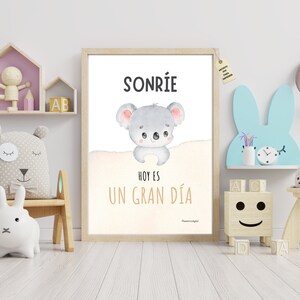 Sonríe hoy es un gran día, lámina decorativa en español, cuadro para niños, palabras motivadoras, póster de pared infantil en A4 y A3.