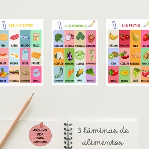 Pack of 3 educational food sheets in Spanish, educational learning cards for children, vocabulary illustrations in A3 and A4.