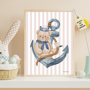 Arte de pared PARA IMPRIMIR, decoración infantil, arte en acuarela de osito marinero, pintura imprimible en dos tamaños, arte para niños.