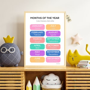 Bilingual Months of the Year, educational poster in English and Spanish, educational learning sheets for children, to print in A4 and A3.
