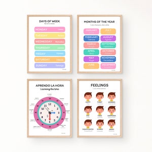 Set mit 4 zweisprachigen Lernblättern, Wochentage, Monate des Jahres, Zeit und Emotionen, Lernposter zum Ausdrucken in A4 und A3
