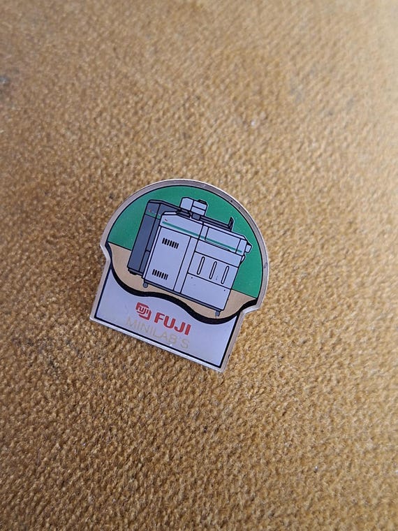 Pin Fuji Minilabs, Fuji, Tech, Electronics, Copiers, Vintage, metal, enamel, ForLuckVintage.Etsy.com, Gift for Fuji fan
