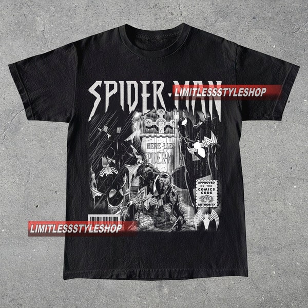 Vintage Black Spiderman T-Shirt, Unisex Man and Women Graphic Tee, Black & White Symbiote Spiderman Shirt