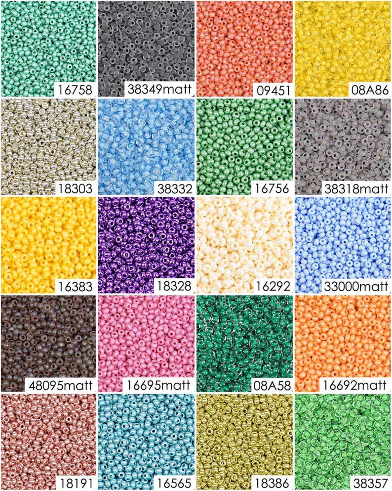 May include: Assortment of 16 different colors of seed beads, each color displayed in a square. The beads are small and round, and they are arranged in a grid pattern. The colors include green, gray, orange, yellow, silver, blue, purple, white, brown, pink, teal, gold, and peach.