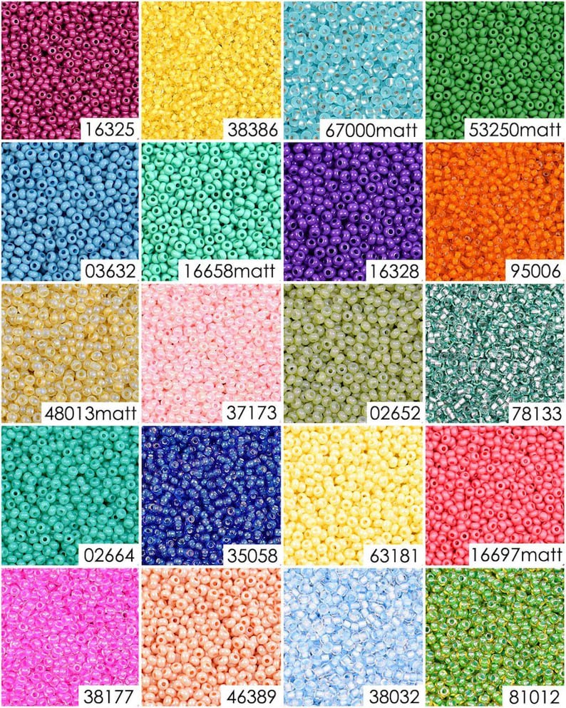 May include: A collection of 16 different colors of seed beads, each color displayed in a square. The beads are small and round, and they are arranged in a grid pattern. The colors include pink, blue, green, yellow, orange, red, and purple.