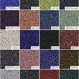 May include: A grid of 12 rows of seed beads in various colors, including blue, black, green, brown, gray, and purple. Each row has 4 different colors of beads. The bead numbers are listed below each row.