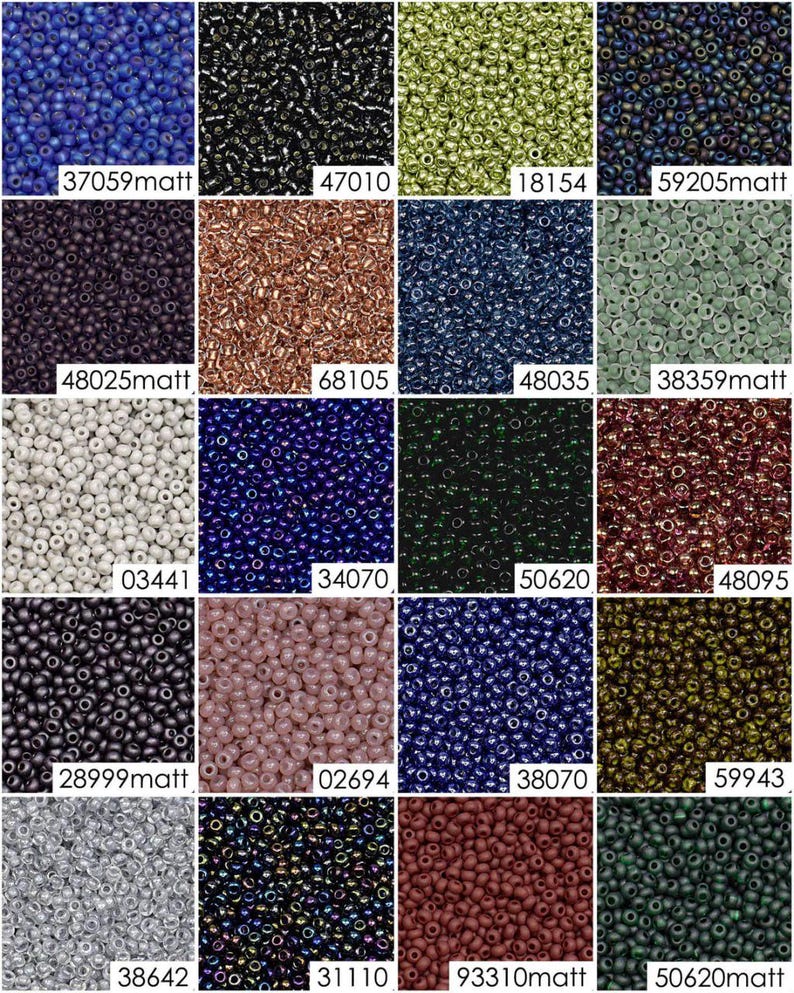 May include: A grid of 12 rows of seed beads in various colors, including blue, black, green, brown, gray, and purple. Each row has 4 different colors of beads. The bead numbers are listed below each row.