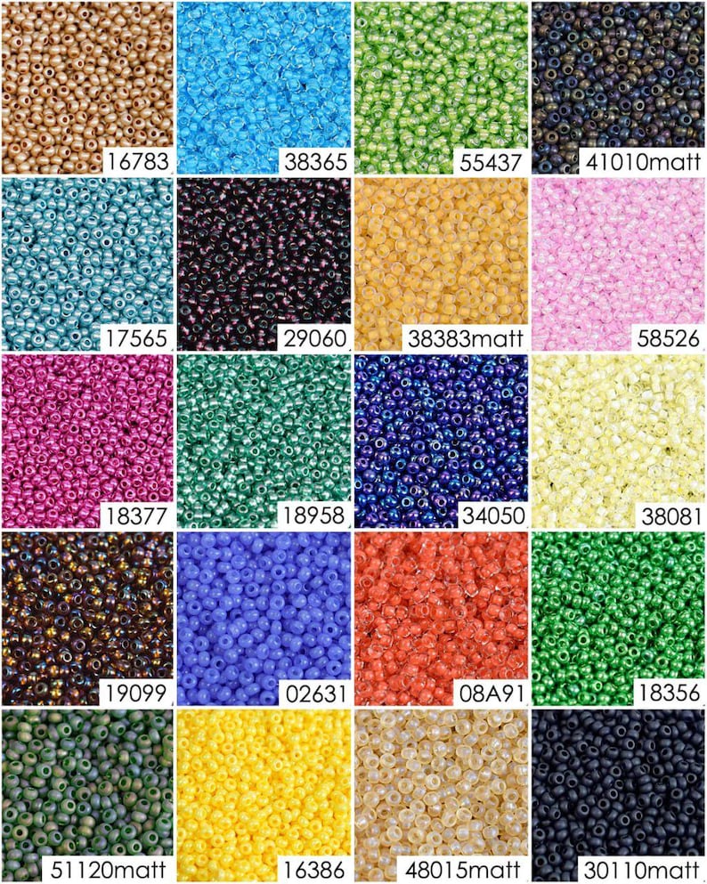 May include: Assortment of 16 different colors of seed beads. Each color is displayed in a square, with the bead count listed below each square.