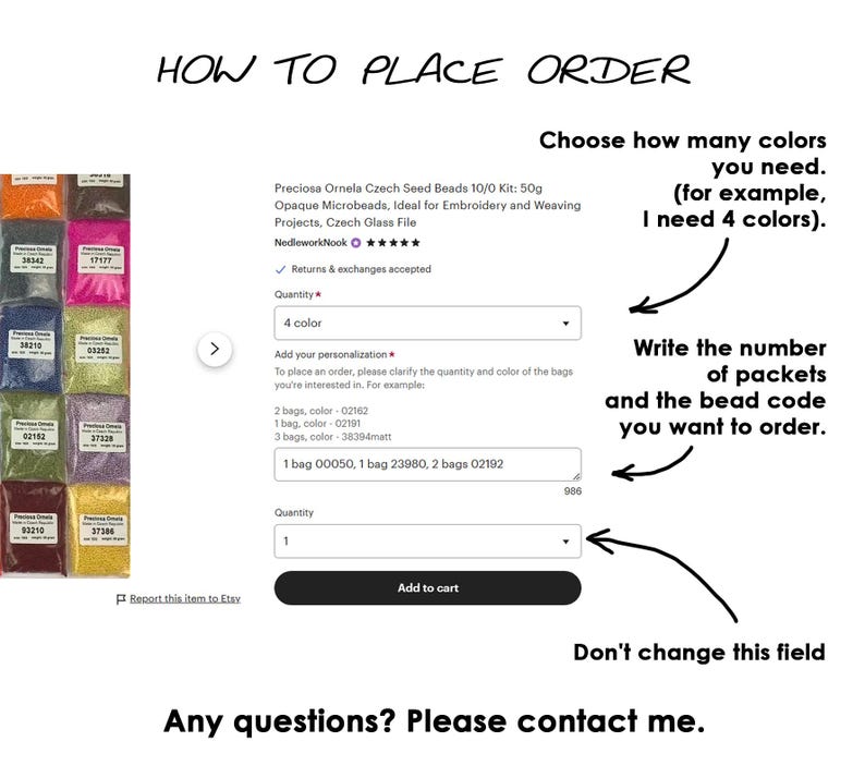 May include: A how-to guide for placing an order for Czech seed beads. The image shows a selection of beads in small bags, a form to select the quantity and color of beads, and instructions on how to write the bead code and quantity of packets to order.