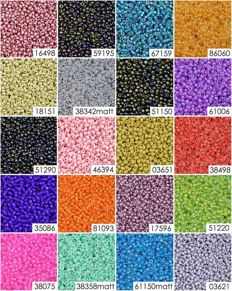 May include: Assortment of seed beads in various colors, including pink, blue, green, orange, and purple. The beads are arranged in a grid pattern.