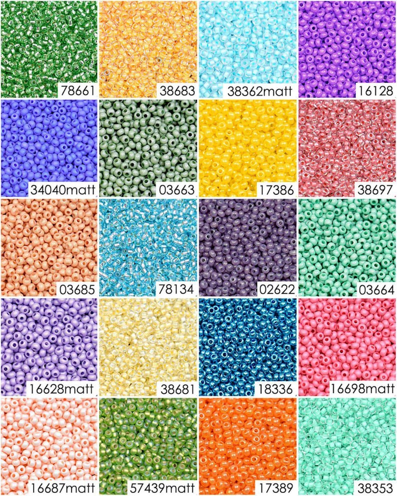 May include: Assortment of 12 colors of seed beads, each color displayed in a square. The beads are small and round, with a glossy finish. The colors include green, orange, yellow, blue, purple, pink, and peach.