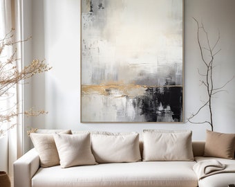 Pintura al óleo abstracta beige y negra, pintura acrílica original sobre lienzo, arte mural de lienzo de gran tamaño, arte moderno minimalista del dormitorio