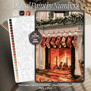 May include: A digital paint by numbers set featuring a fireplace scene with seven hanging Christmas stockings. The image includes a numbered color guide with 24 colors and 1060 zones, displayed on a tablet screen and a printable sheet.
