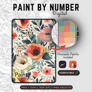 May include: Digital paint-by-number design with a floral pattern of red, peach, and white flowers on a cream background. Includes a Procreate palette and is compatible with the Procreate app. The text "Paint by Number Digital" is at the top.