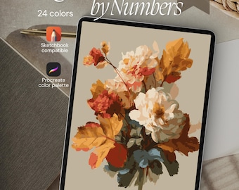 May include: A digital tablet displaying a floral paint by numbers illustration with 24 colors. The screen shows a bouquet of flowers in shades of cream, orange, and muted green. Text on the screen reads Digital Paint by Numbers, Sketchbook compatible, and Procreate color palette.