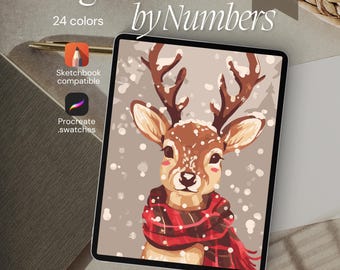 Christmas Reindeer with Scarf Paint by Number Kit: Procreate Template (Digital Download)