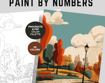 May include: Digital paint-by-numbers template with a park scene in autumn colors. The image includes the text "PAINT BY NUMBERS", "PROCREATE & PDF COLOR PALETTE", and "28 COLORS". The template is printable.