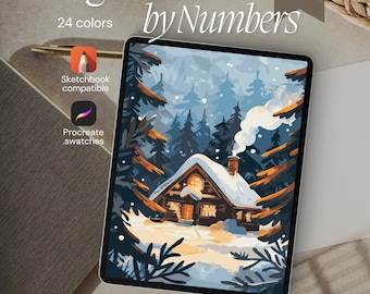 Cozy Winter Landscape Paint by Number Kit: Procreate Template (Digital Download)