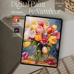 Op de afbeelding: Een digitale tablet met een schilderen-op-nummer kunstwerk van een boeket kleurrijke tulpen in een glazen vaas. Het scherm toont tekst waaronder Digital Paint by Numbers, 50 colors, Sketchbook compatible, Procreate .swatches en Get Yours Now.