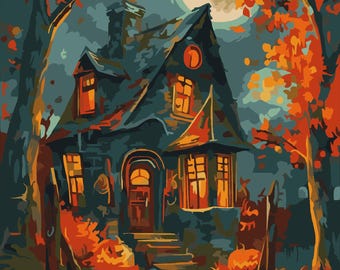 May include: A paint-by-number canvas featuring a dark house at night under a full moon. The scene includes orange autumn trees, glowing yellow windows, and carved jack-o'-lanterns on the ground. The color palette consists of deep blues, blacks, vibrant oranges, and warm yellows, creating a high-contrast seasonal illustration.