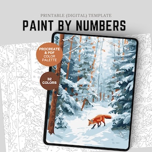 Könnte beinhalten: Eine digitale Malen-nach-Zahlen-Vorlage mit einer Winterwaldszene mit einem roten Fuchs. Das Bild wird auf einem Tablet angezeigt, mit einer Schwarz-Weiß-Umrissversion und Farbpaketdetails. Der Text lautet "PAINT BY NUMBERS".
