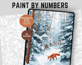 Christmas Fox in Forest Paint by Number Kit for Adults: Procreate Template (Digital Download)