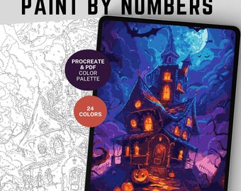 Op de afbeelding: Een digitale paint-by-numbers sjabloon met een griezelige spookhuis scène. De afbeelding toont een voltooide, kleurrijke illustratie op een tablet en een zwart-wit omtrek voor het schilderen. De tekst luidt "PAINT BY NUMBERS", "PROCREATE & PDF COLOR PALETTE" en "24 COLORS".