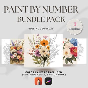 Puede incluir: Paquete de descarga digital con tres plantillas florales de pintar por números. Las plantillas incluyen arreglos florales coloridos y dibujos lineales. El paquete incluye una paleta de colores para Procreate y Sketchbook.