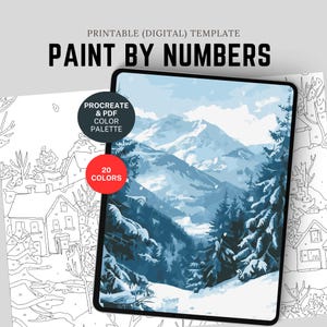 May include: A digital paint-by-numbers template featuring a winter mountain landscape. The image shows a tablet displaying the artwork, with a black and white outline version and a color palette. Text includes "Paint by Numbers", "Procreate & PDF Color Palette", and "20 Colors."
