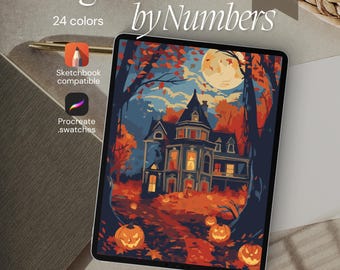 Spooky Halloween House Paint by Number Kit: Procreate Template (Digital Download)