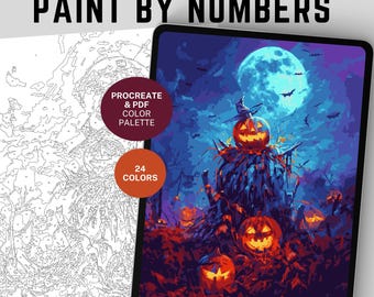 May include: Digital paint-by-numbers template with a Halloween theme. The image shows a digital painting of a spooky scene with jack-o'-lanterns, bats, and a full moon. The template includes a Procreate and PDF color palette with 24 colors.