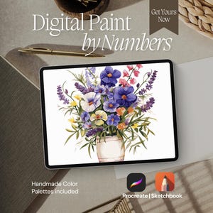 May include: A digital painting on a tablet of a floral arrangement in a white vase, featuring purple, blue, yellow, and pink flowers. The text "Digital Paint by Numbers" and "Get Yours Now" are displayed. The words "Handmade Color Palettes included" are also visible.