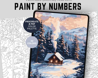 Christmas Winter Forest Cottage Paint by Number Kit: Procreate Template (Digital Download)