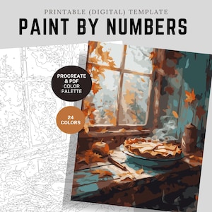 Könnte beinhalten: Eine druckbare digitale Malen-nach-Zahlen-Vorlage. Das Bild zeigt ein fertiges Gemälde einer Fensterszene mit einem Kuchen, einem Apfel und Herbstblättern. Der Text lautet "PAINT BY NUMBERS", "PROCREATE & PDF COLOR PALETTE" und "24 COLORS".