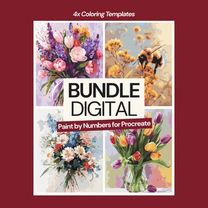 Pode incluir: Pacote de arte digital com quatro modelos de pintura por números. Os modelos mostram arranjos florais, incluindo tulipas, lavanda e margaridas, com uma abelha em flores amarelas. O texto diz "4x Coloring Templates", "BUNDLE DIGITAL" e "Paint by Numbers for Procreate."