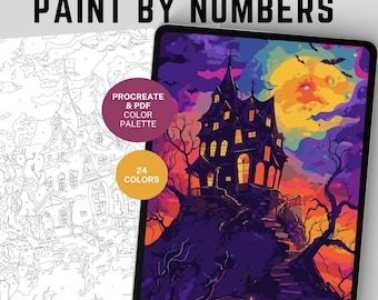 May include: Digital paint-by-numbers template with a haunted house illustration. The image includes a colour palette with 24 colours and is designed for Procreate and PDF use. The artwork showcases a vibrant, colourful scene with a full moon and bats.