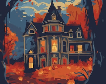 May include: A digital illustration of a dark Victorian house at night under a large full moon. The scene features orange autumn trees, fallen leaves, and several glowing jack-o'-lanterns with carved faces positioned along a path in the foreground.